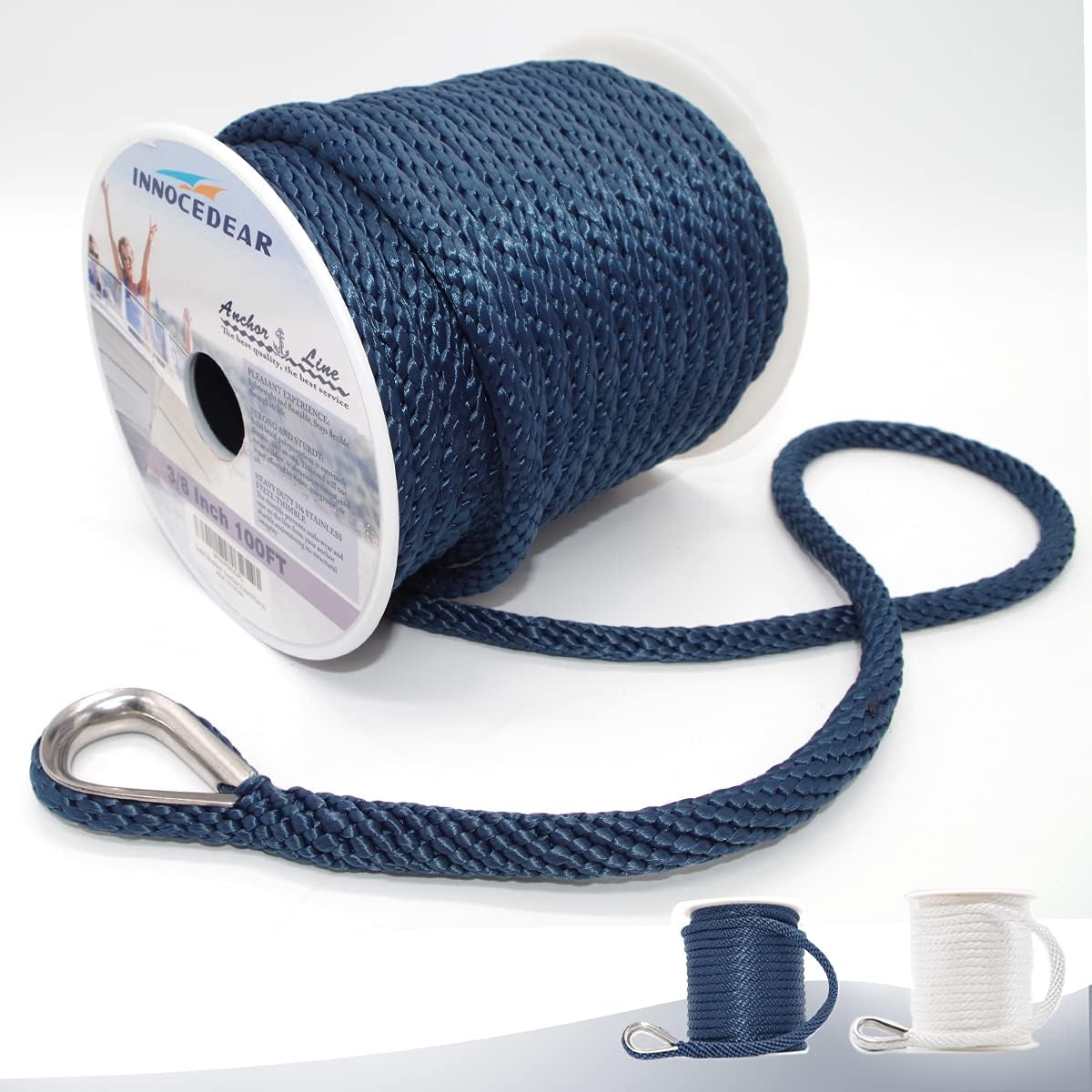 INNOCEDEAR Anchor Rope Braided Anchor Line(Navy, 3/8" x 100') Premium Solid Braid MFP Boat Rope with Stainless Steel Thimble, Quality Marine Rope, Boat Accessories