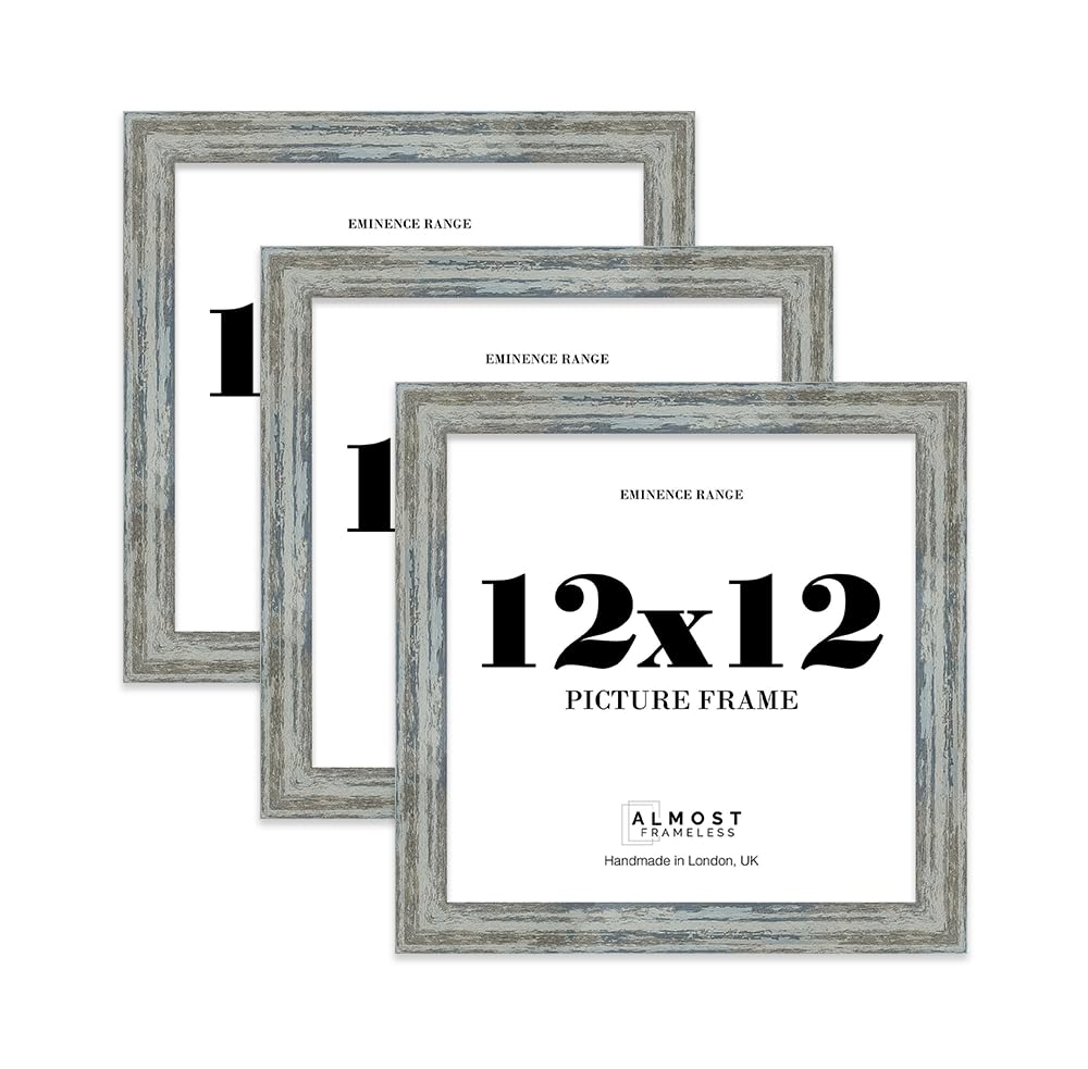 12x12" Distressed Blue Picture Frame - Rustic Wood Industrial Effect Photo Frame for Wall Display, Ideal for Posters, Prints & Home Décor, Wall Hooks and Kickstand, 32mm Edge - 3 Pack