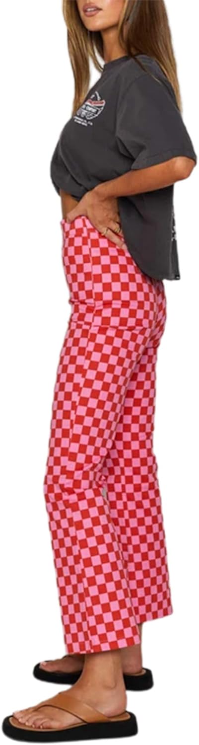 Size L- Women Casual Straight Wide Leg Flare Pants High Waist Baggy Checkerboard Printed Trousers Joggers 90s Streetwear