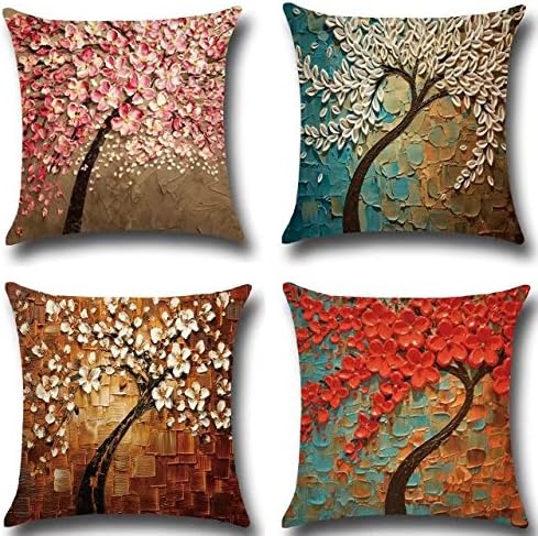 Creatwls Set of 4 Tree and Flower Cotton Linen Throw Pillow Covers Cushion Home Sofa Decorative Sofa Decor Pillowcase Sham Decor Cushion Cover Slipcovers Square 18 x18 Inch-Only Cover No Insert