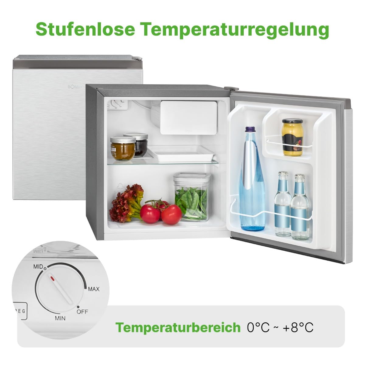 Bomann Mini Kühlschrank 45L mit Gefrierfach leise KB 7245 inox Türanschlag wechselbar