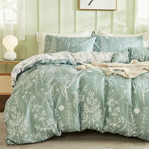 Herside Double Floral Duvet Cover Set, Green, 1 Duvet Cover 2 Pillowcases, Botanical Bedding, Reversible Design, Pastoral Style - Image 2