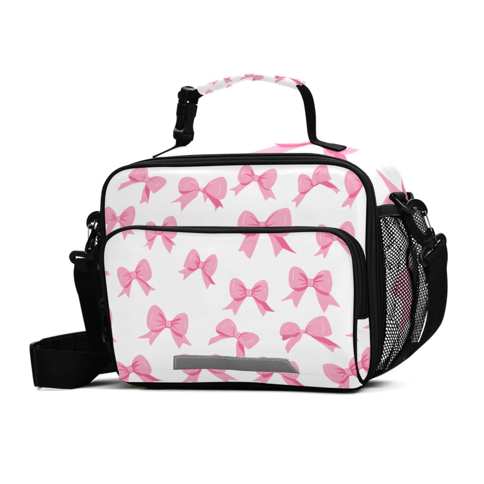 Pink Bow Large Lunch Box Reusable Insulated Lunch Bag for Women Bow Cooler Lunch Tote Bag with Shoulder Strap for School Office Travel Picnic