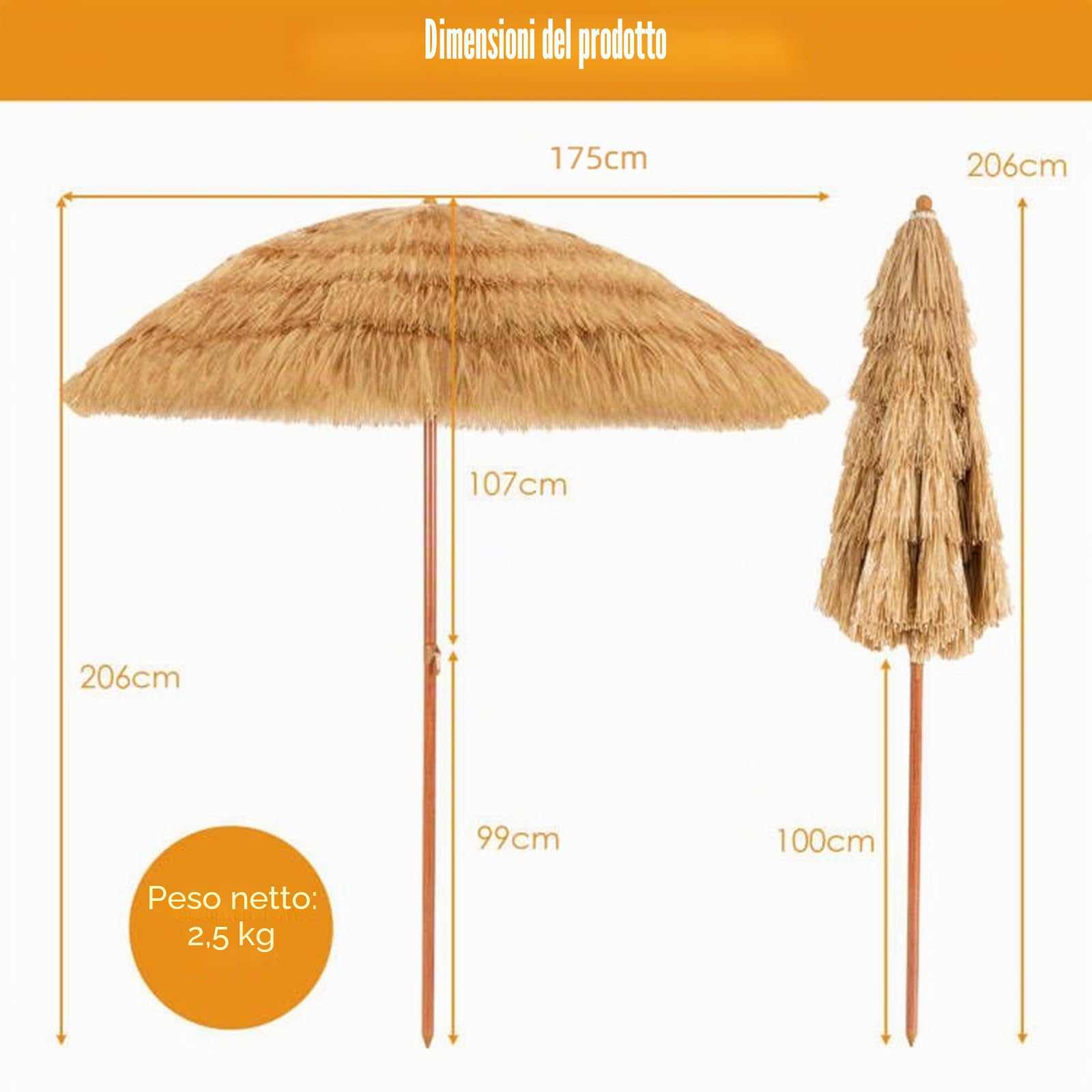 KOMFOTTEU Ombrellone da Spiaggia 200 cm, Parasole Hawaiano, Antivento, Impermeabile, Anti UV, Ombrello in Paglia Pieghevole e Portabile, Ombrello in Rafia per Giardino, Balcone, senza Base, Giallo