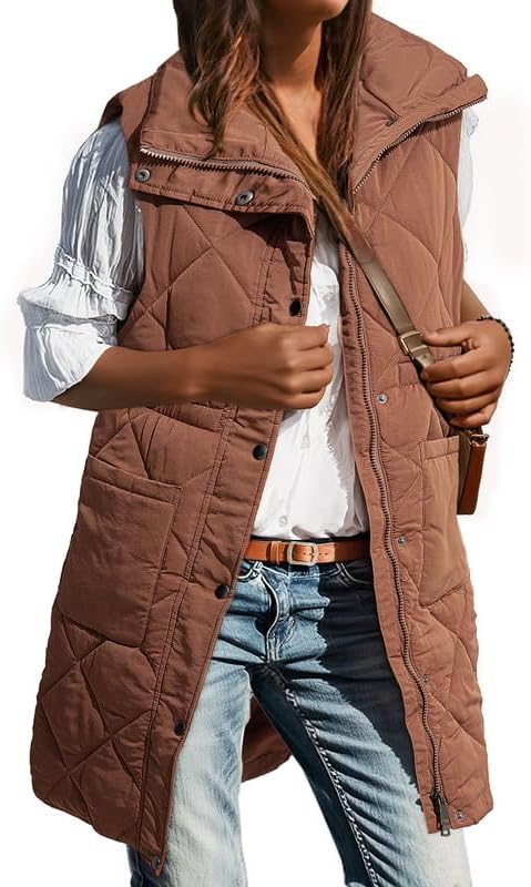Dokotoo Women’s Casual Winter Long Puffer Vest Stand Collar Sleeveless Puffy Jackets Coat with Pockets