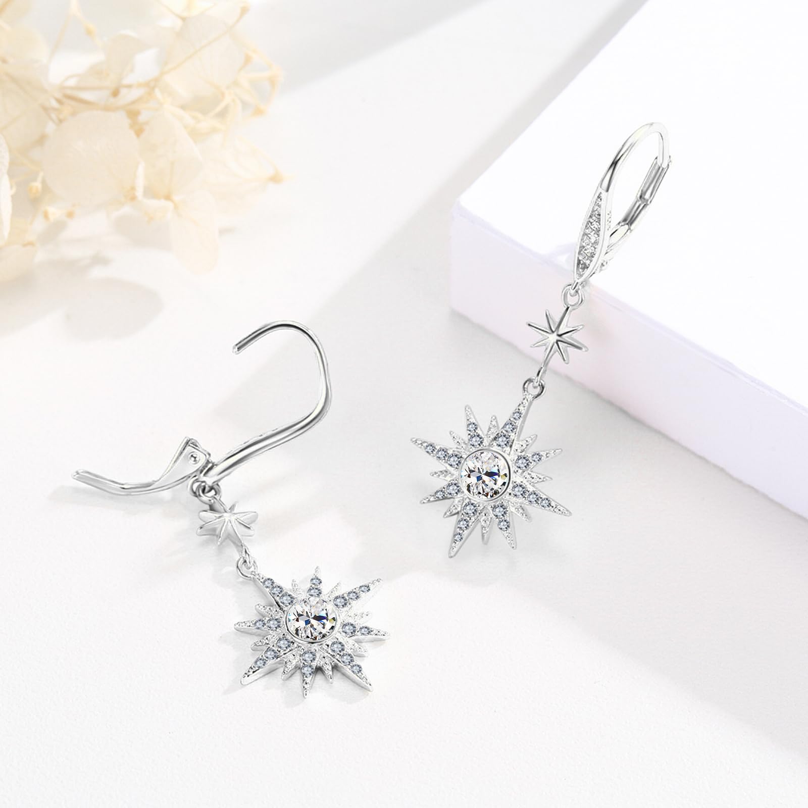 REDSUN Mondstein Ohrringe 925 Sterling Silber Achtzackiger Stern Sonne/MoonHänge Ohrringe Regenbogen Mondstein Schmuck für Mädchen Mutter Tochter Damen Freundin Geschenk