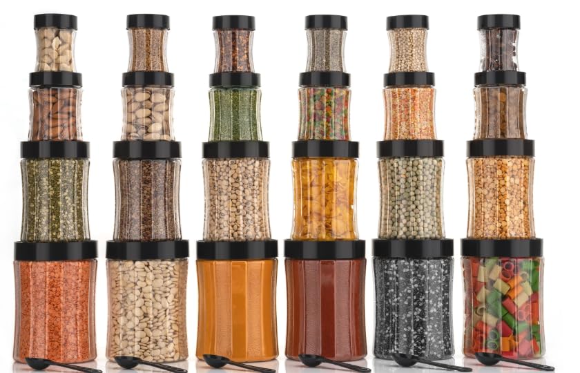 Image of Black Olive Storage Organizer Container Set - Transparent Jar Set for Kitchen with Lids & Spoons, 1200ml, 650ml, 350ml & 250ml Dabba Box for Spices, Snacks, Grocery & Dry Fruits (Black, 20pc)