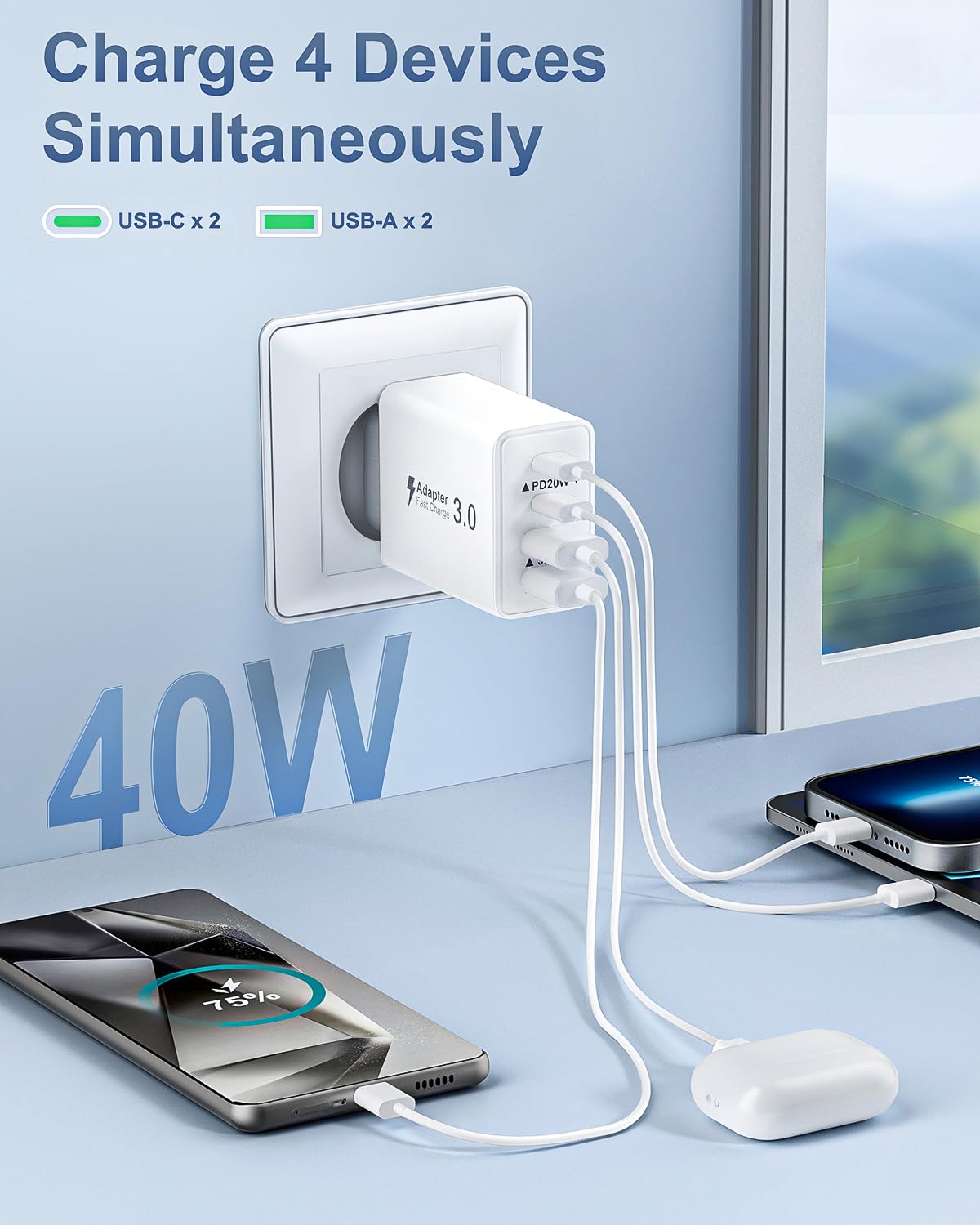 Caricatore USB C Presa, Multiplo 40W 4-Porto USBC Caricabatterie Rapido Spina Alimentatore per iPhone 17 16 15 14 13 12 Pro Max,Samsung, iPad, Multipla Spinotto QC & PD Adattatore Carica Cellulare