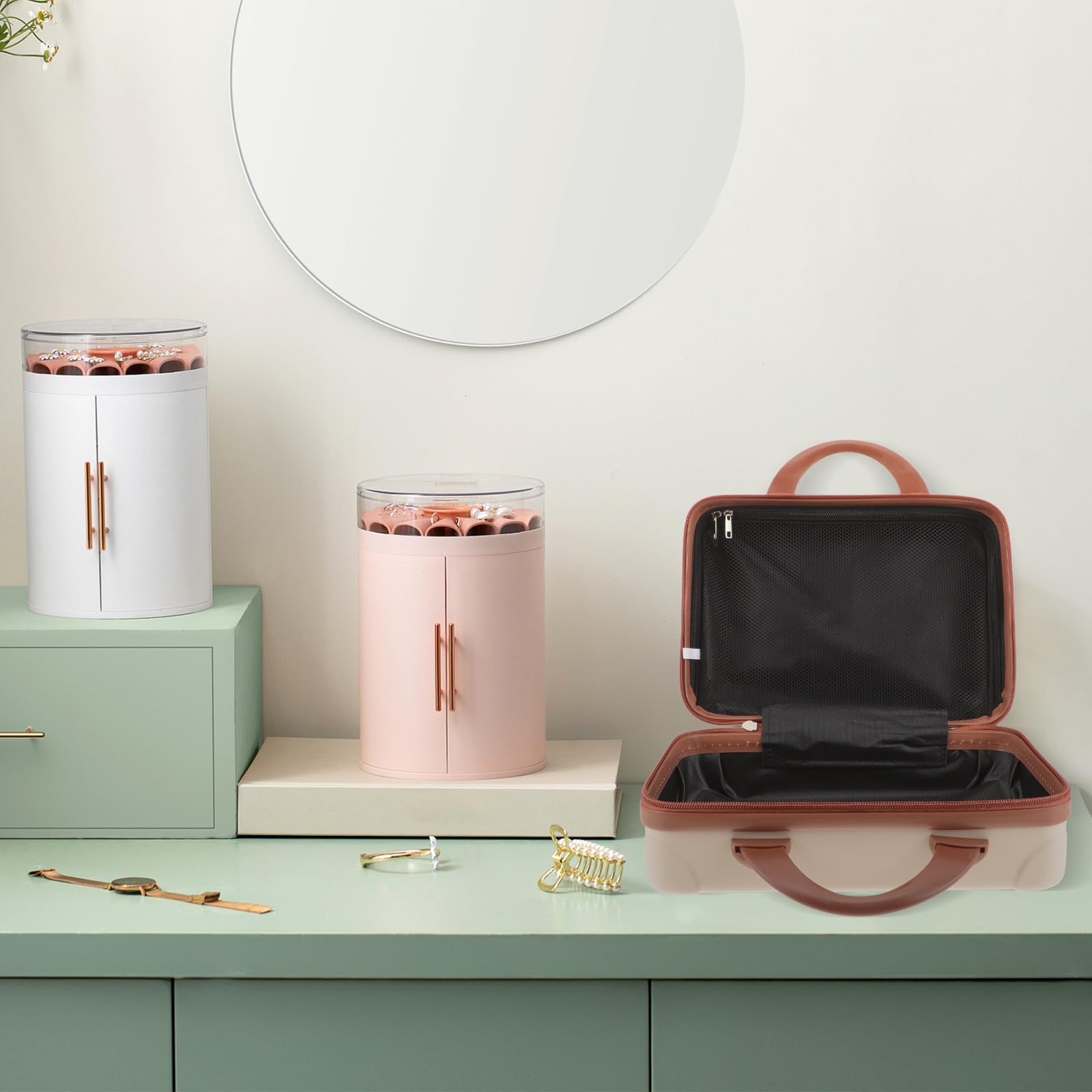 Healvian Beauty Case da Viaggio Donna in Abs Leggero Grande Capacità e Design Elegante, Astuccio Portatrucchi Beige per Viaggi e Conservazione