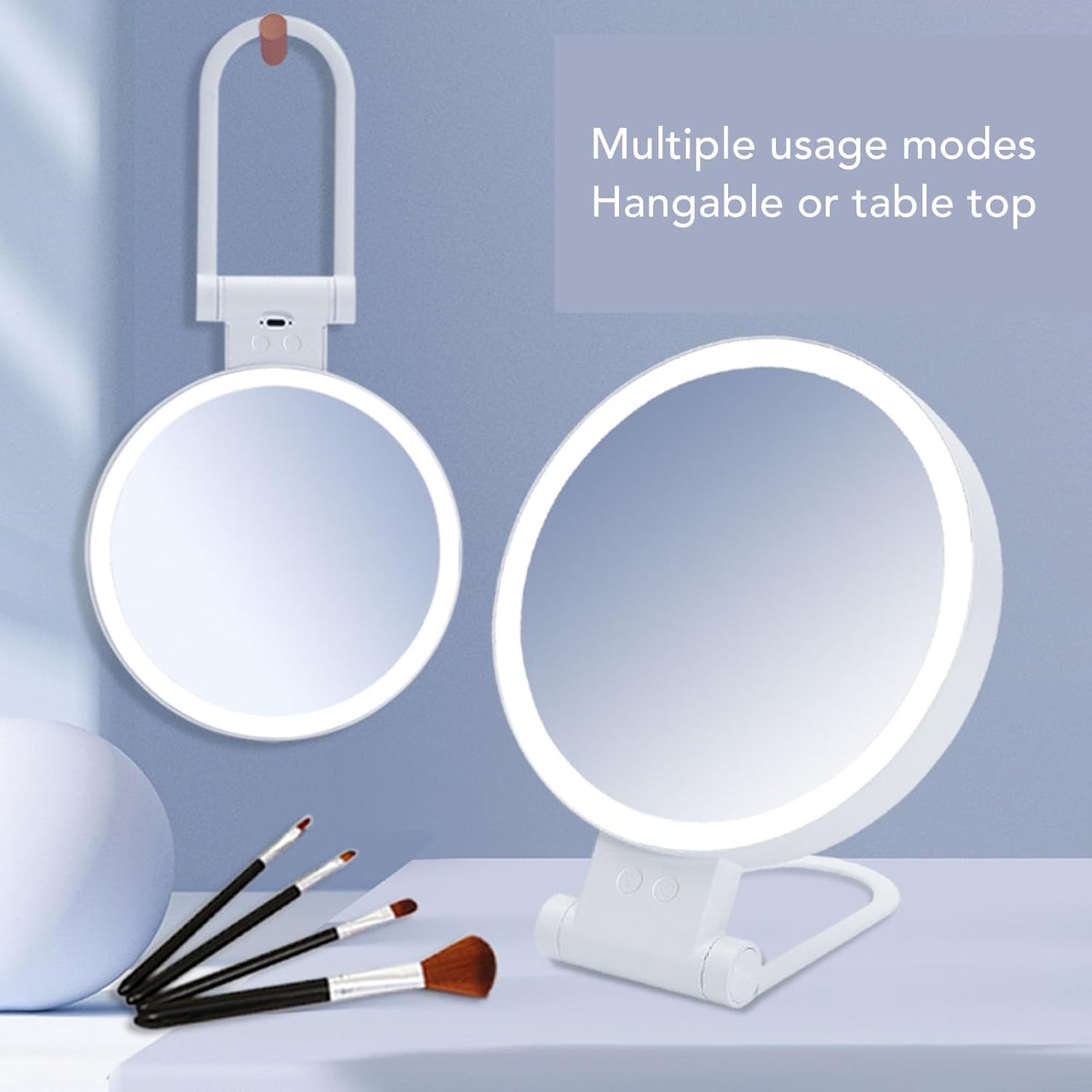 Fockety 5X Magnifying Mirror with Light, 1X Normal Mirror USB Rechargeable LED Makeup Vanity Mirror 3 Light Modes and Folding Handle Adjustable Brightness for Travel, Dorm, Bathroom