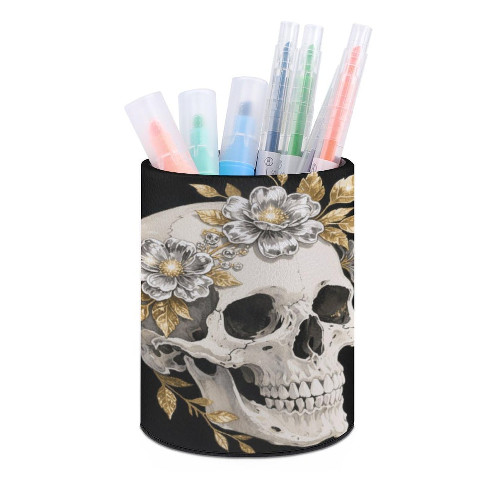 VstaDank Flower Skull Pen Holder PU Leather Pencil Cup Minimalist Desk Pencil Holder Round Make Up Brush Organizers For Office Dorm Room&Vanity Desk Accessories