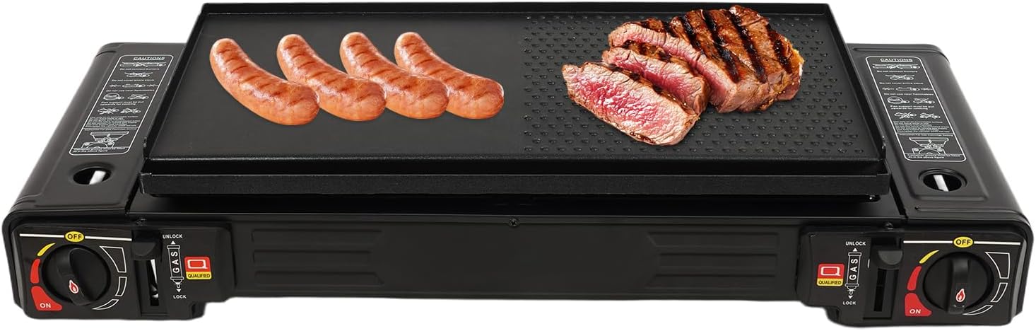 Estufa Portátil de 2 Quemadores con Parrilla, 7848 BTU, Encendido Piezo