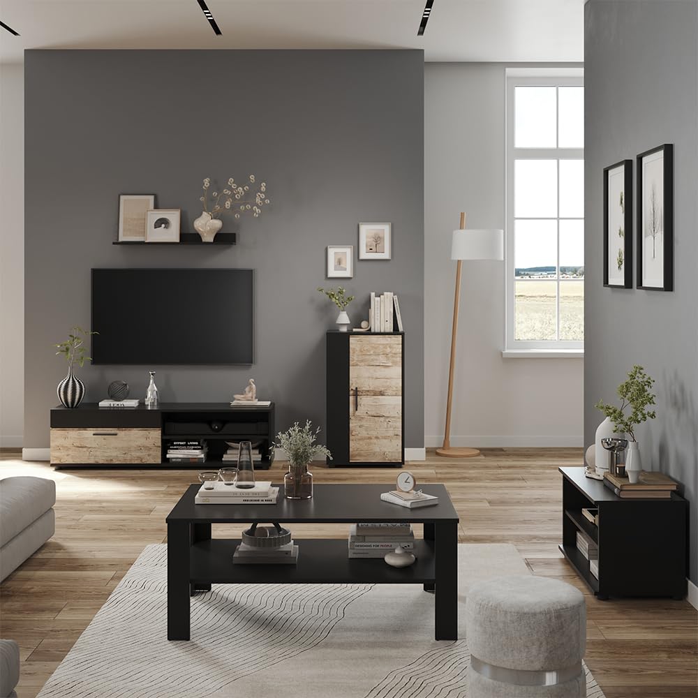 Vicco Parete attrezzata soggiorno Berno, Nero/Rovere sabbia, Set da 4 pezzi