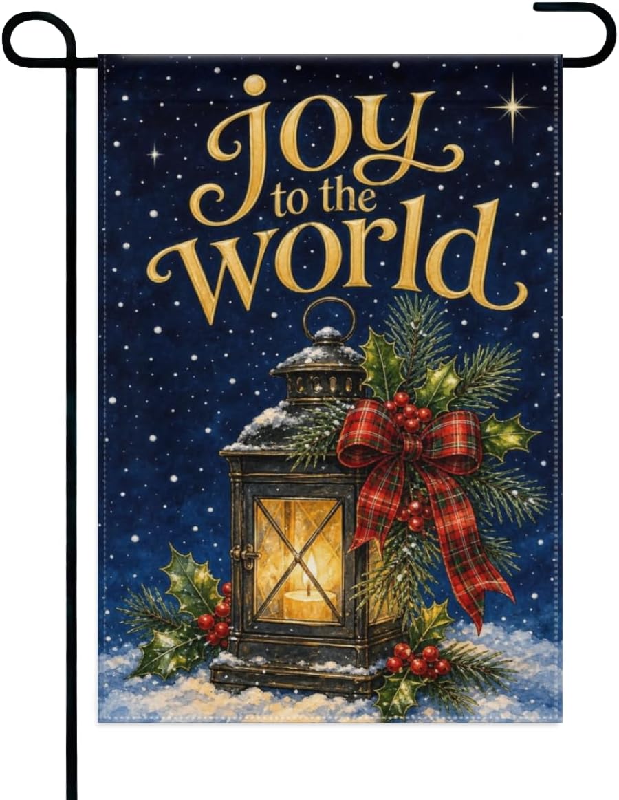Winter Lantern Garden Flag Lantern with Evergreen Bow and Starry Night Joy to the World 12x18 Inch Double Sided Polyester Yard Flag for Outdoor Lawn House Home Patio Porch Lantern