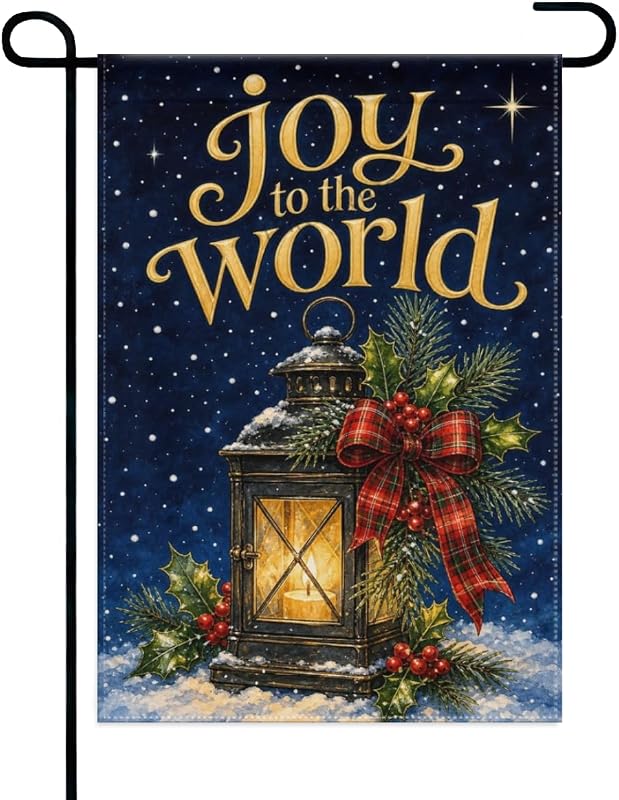 Winter Lantern Garden Flag Lantern with Evergreen Bow and Starry Night Joy to the World 12x18 Inch Double Sided Polyester Yard Flag for Outdoor Lawn House Home Patio Porch Lantern