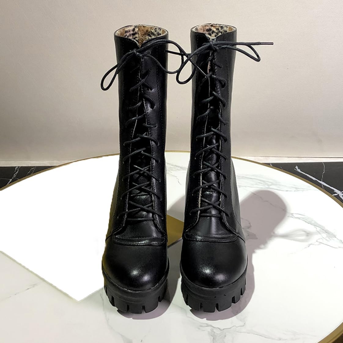 BEAUPAS Women's Chunky Lace Up Ankle Boots High Heels Goth Combat Boots Platform Motorcycle Boots Block Heel Round Toe Shoes