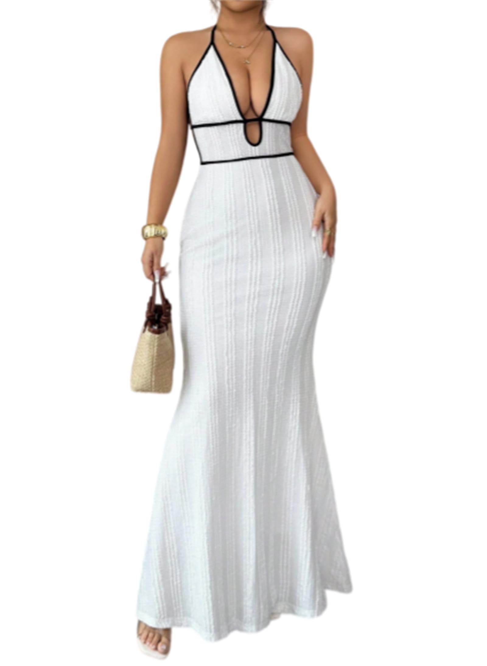 Abito Lungo da Donna in Maglia Stile Boho con Scollo a V Profondo e Allacciatura al Collo, Senza Schienale, a Blocchi di Colore, Aderente, Sexy, Perfetto per Serate in Discoteca o Feste.
