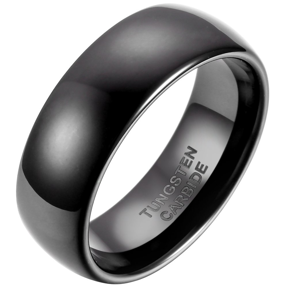 JewelryWe Schmuck Herren-Ring 8mm Breite Glänzend Wolfram Wolframcarbid Herren Damen Ring Jahrestag Verlobung Hochzeit Band Schwarz Klassik Dom