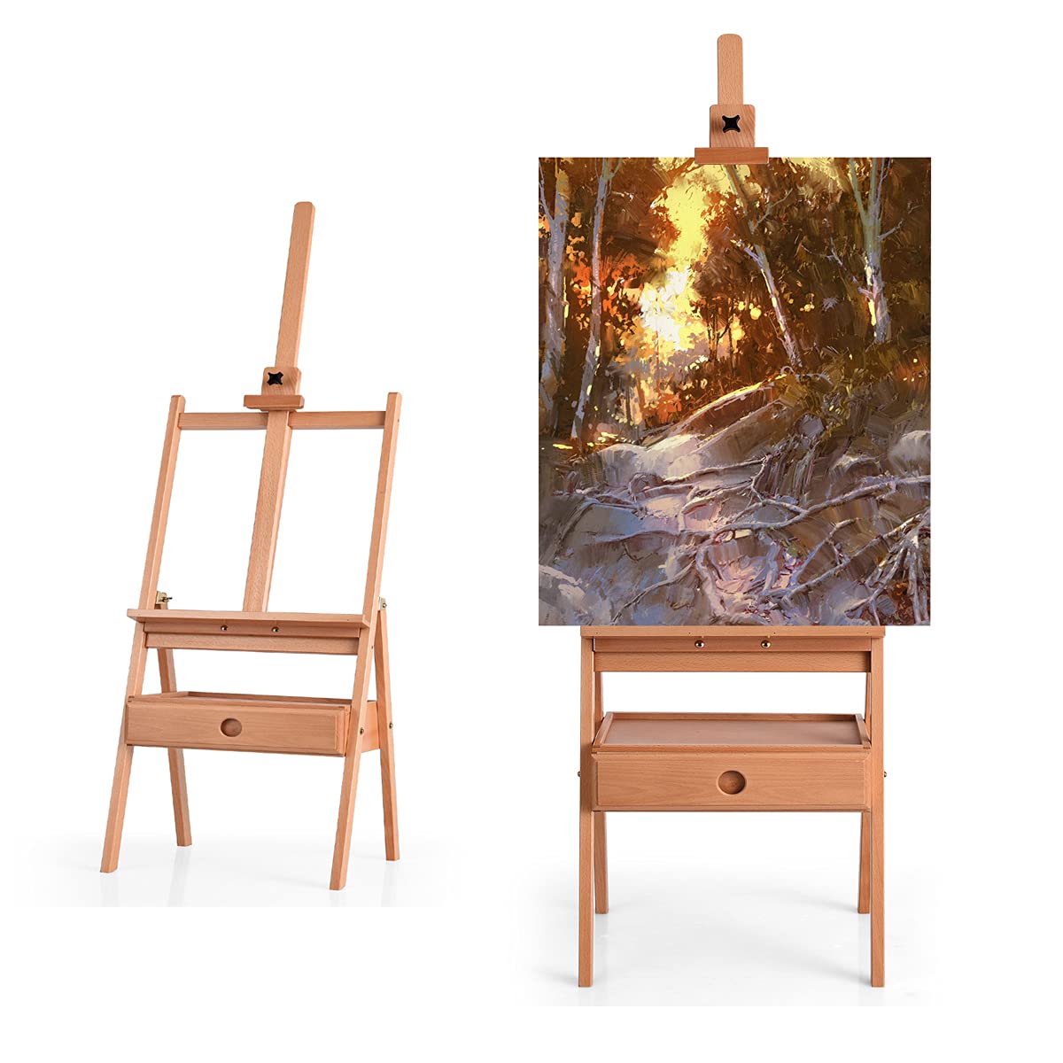RELAX4LIFE Caballete de Madera de Haya con Cajón y Bandeja, Caballete para Pintar con Altura Regulable 151-195CM, Caballete de Pie para Lienzos de hasta 92CM, Natural