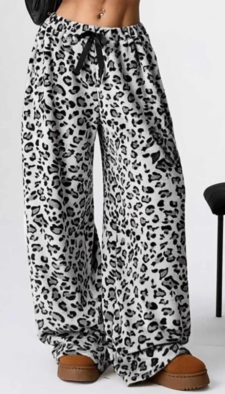 WINKEEY Mujer Pantalones de Pijama Largo Peludo Leopardo Pantalon Pijama Mujers Suaves Cómodas Partes de Abajo de Pijamas Otoño Invierno