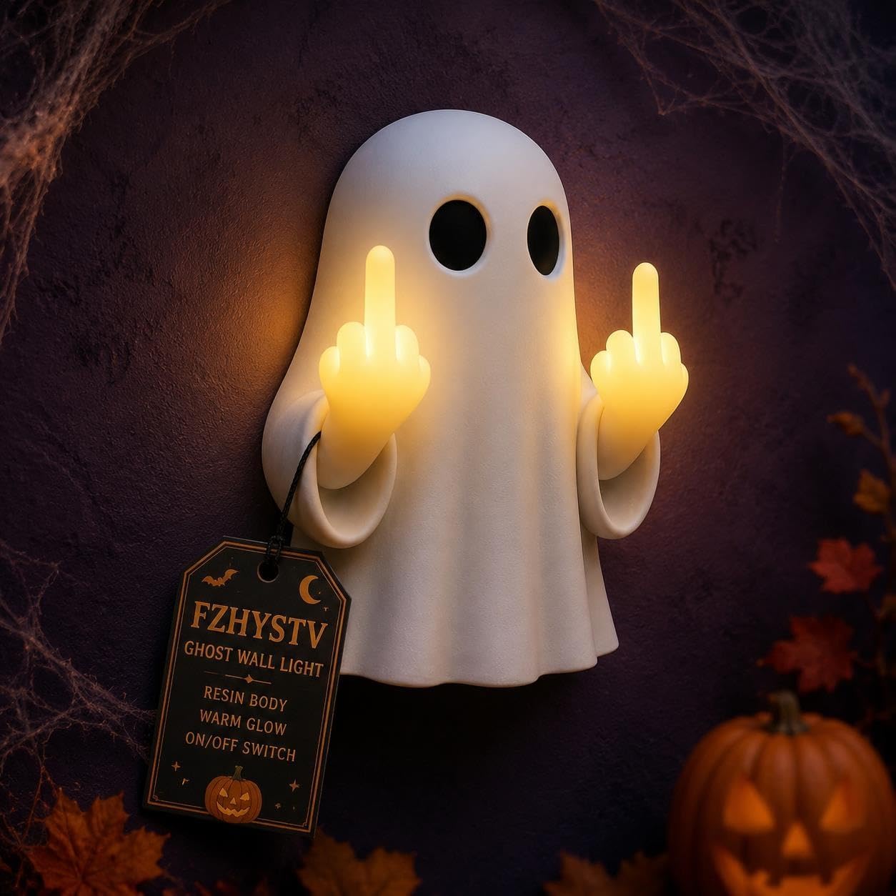 Halloween Ghost Middle Finger Glow Night Light 7.9in Wall Decor