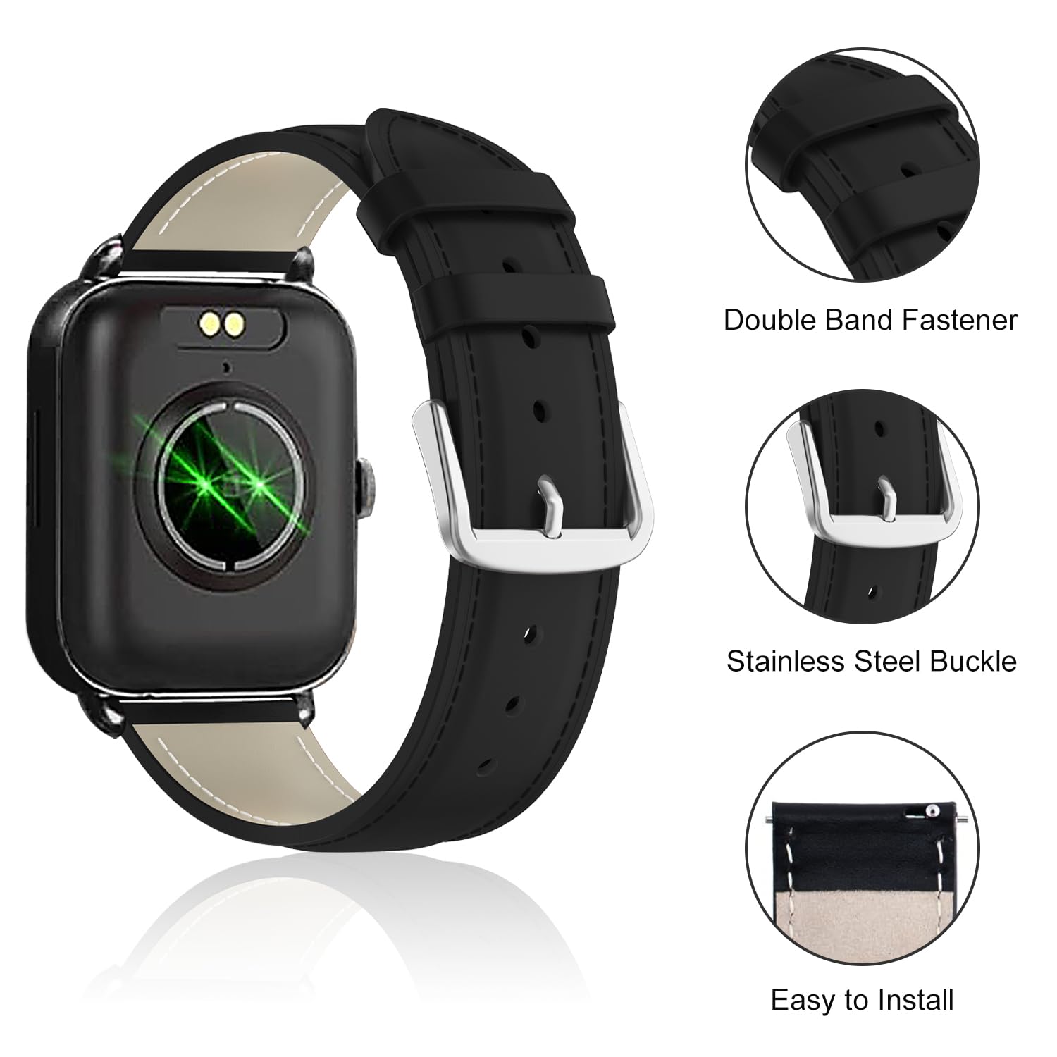 Correa de reloj de cuero genuino compatible con Woneligo/Fitpolo Smart Watch IDW13, pulsera de repuesto de cuero suave para reloj FITVII H56/ID208Plus/Gydom/Enomir/Amzhero/TOOBUR/MILOUZ/Tensky 2