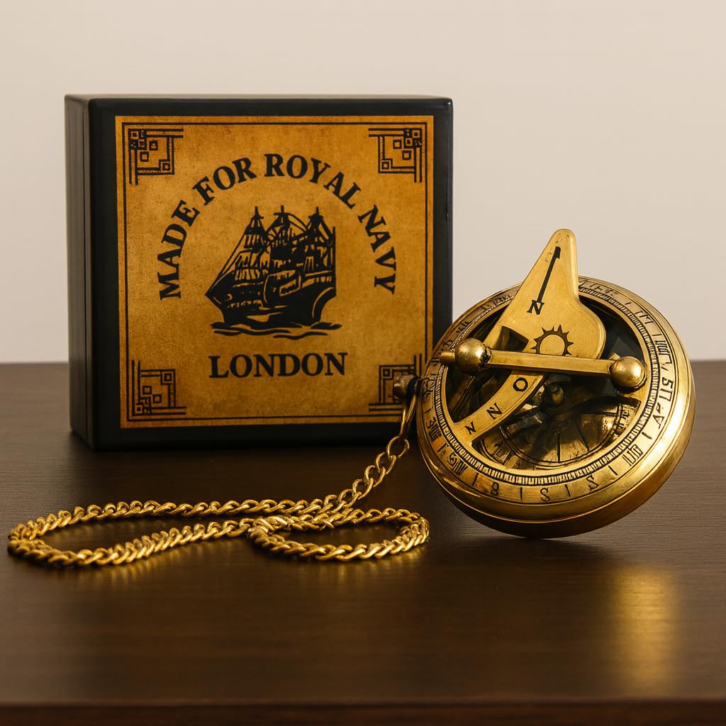 Bussola in ottone vintage con meridiana a pressione, accessorio tascabile con scatola in legno incisa, regalo da collezione nautico personalizzato fatto a mano