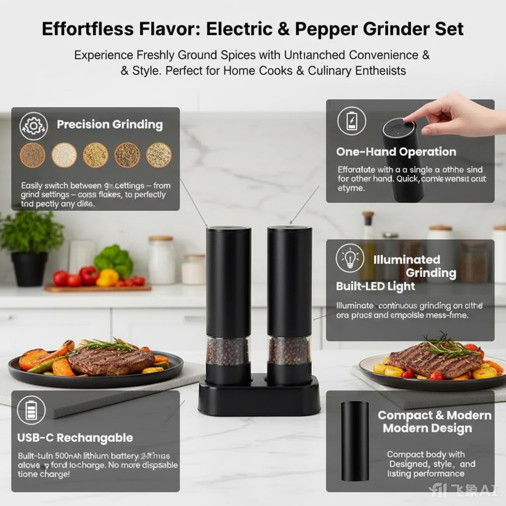 Set macina sale e pepe elettrico con display a batteria, base ricaricabile, grossolanità esterna regolabile, macina sale e pepe automatici in ceramica (nero)