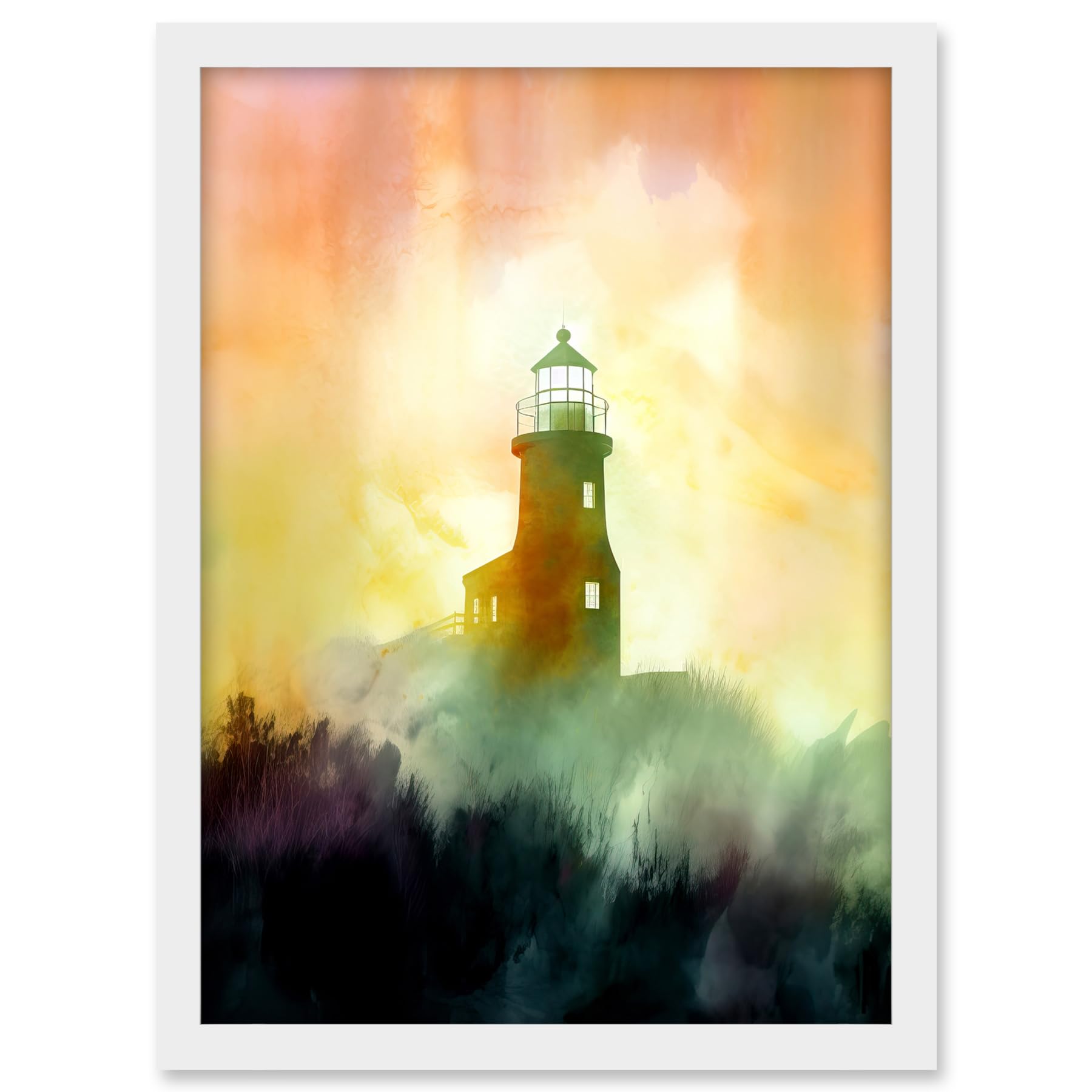 Artery8 Lighthouse in the Fog Watercolour Painting Soft Atmospheric Light Coastal Landscape Artwork Framed A3 Wall Art Print