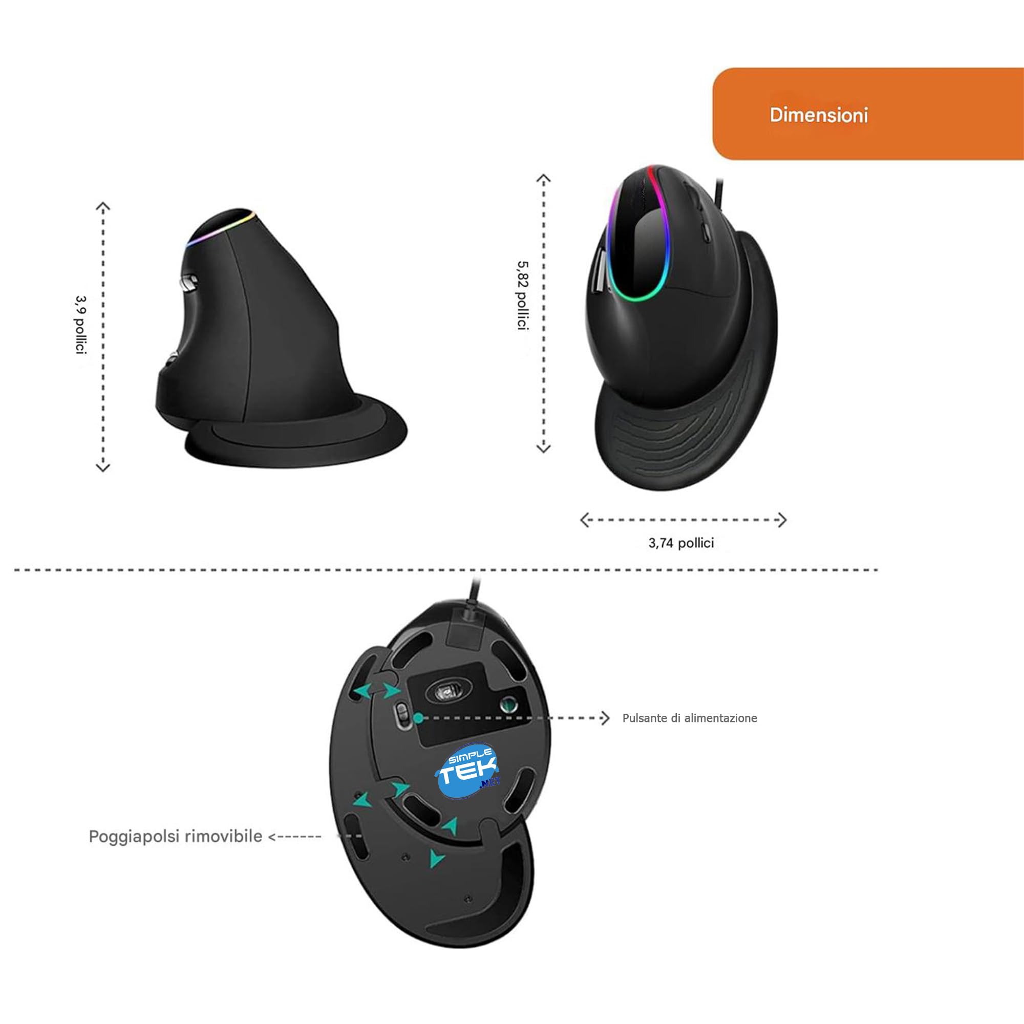 SIMPLETEK - Mouse verticale ergonomico cablato USB con filo, regolazione dpi fino a 3200, illuminazione RGB, colore nero (Ricondizionato)