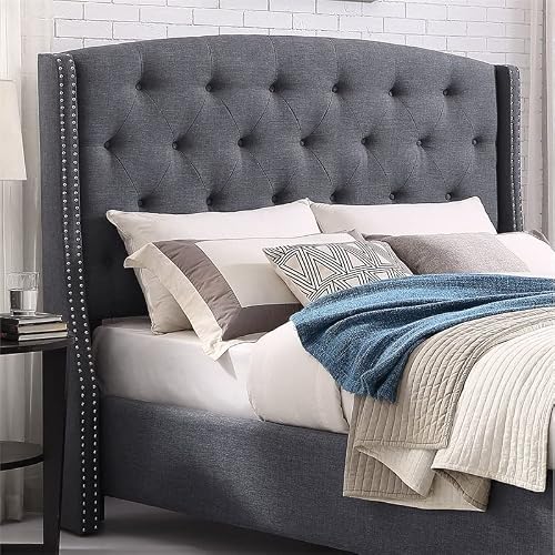 Roundhill Furniture Nantarre Fabric Tufted Wingback Upholstered Bed With Nailhead Trim, King, Gray #TOP2