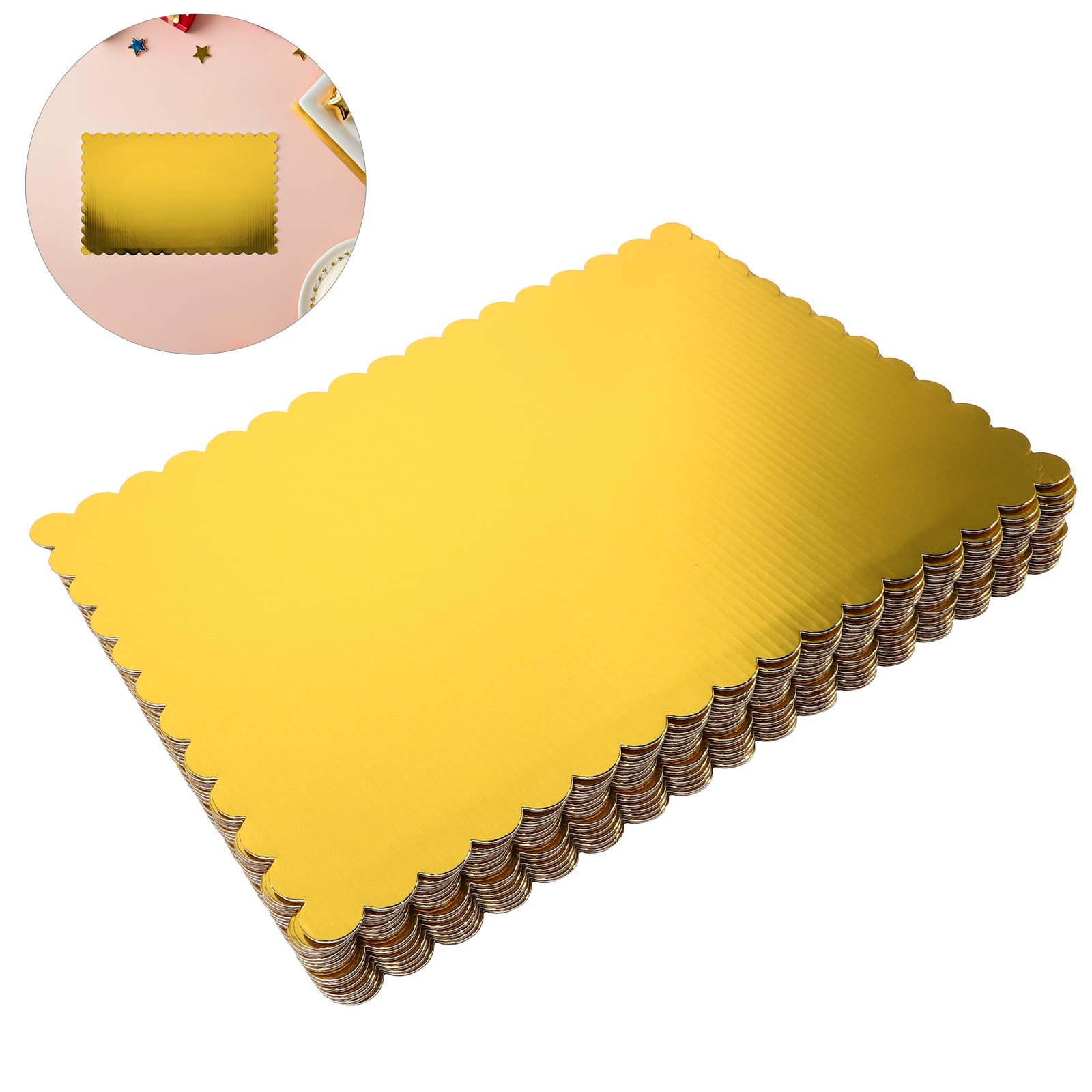 DECHOUS Base para Tartas de Cartón Corrugado Dorado de 2 Mm Borde Ondulado Rectangular, Resistente para Ocasiones Festivas y Bodas, Paquete de 20 Unidades