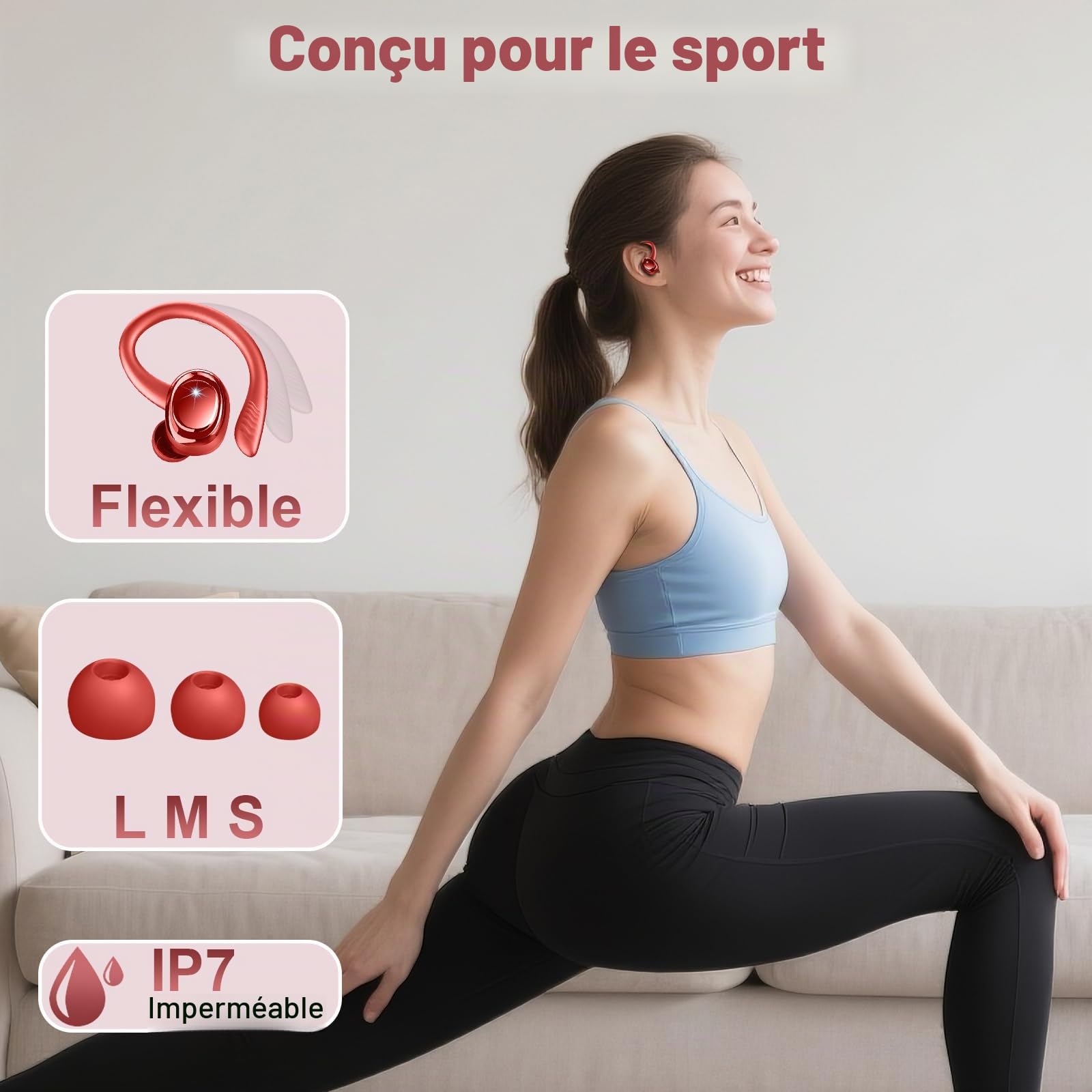 Ecouteurs Bluetooth sans Fil Sport, 2026 Écouteur Bluetooth 5.4 avec 4 ENC Mic, 60+Hrs Ecouteurs sans Fil HiFi Stéréo, IP7 Étanche Oreillette Bluetooth Running, USB-C Charge Rapide, Écran LED Casque