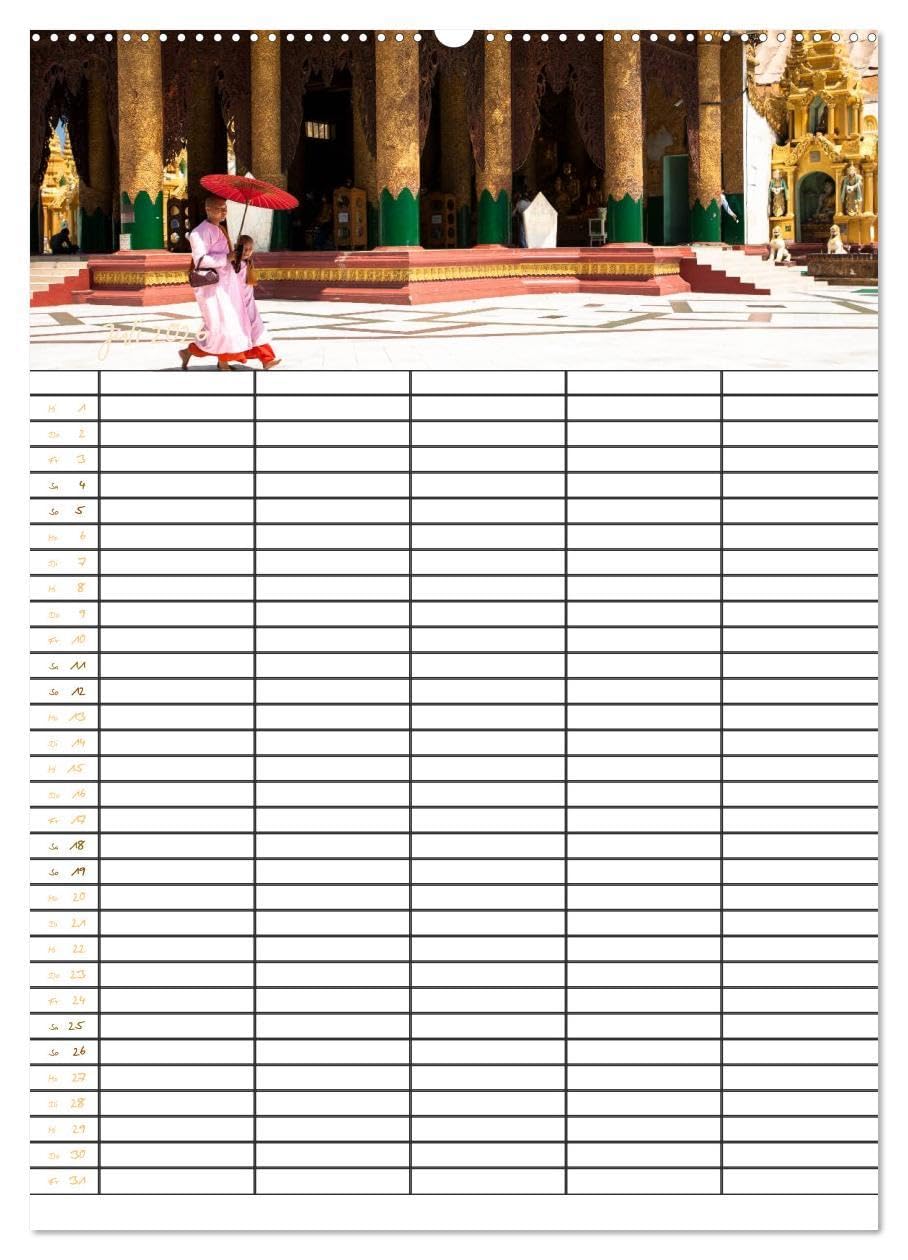 Goldenes Myanmar - Familienkalender 2026 (Wandkalender 2026 DIN A2 hoch), CALVENDO Monatskalender: Myanmar - das Land der Pagoden, Klöster, Mönche und ... 5 Spalten für Ihre Einträge. (CALVENDO Orte)