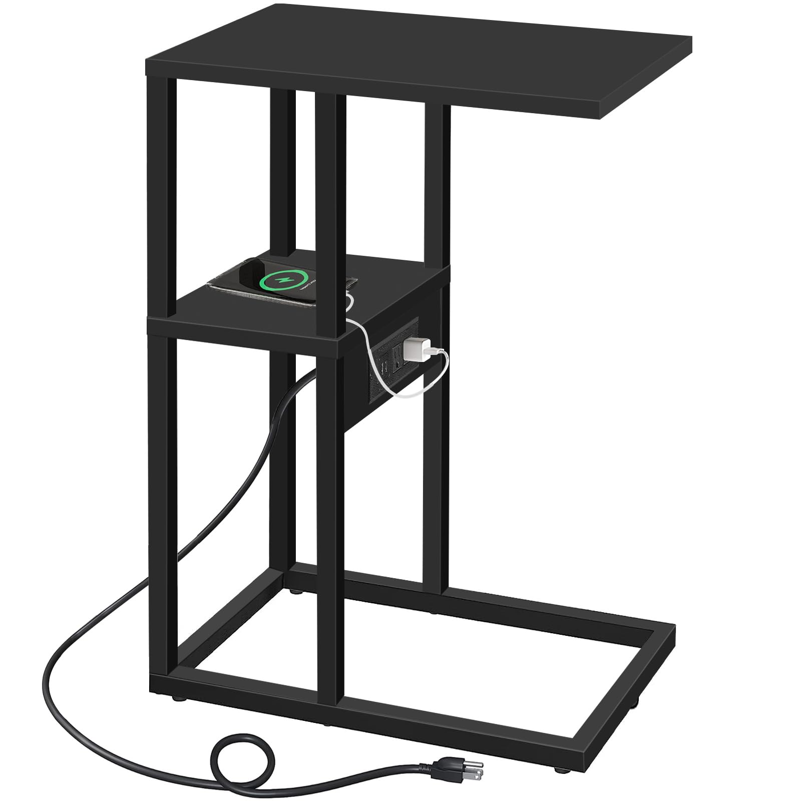 TUTOTAK C Shaped End Table with Charging Station, Side Table with 2 USB Ports and Outlets, Snack Table for Couch and Bed, Small Sofa Table for Small Spaces, Living Room, Bedroom TB01BK043