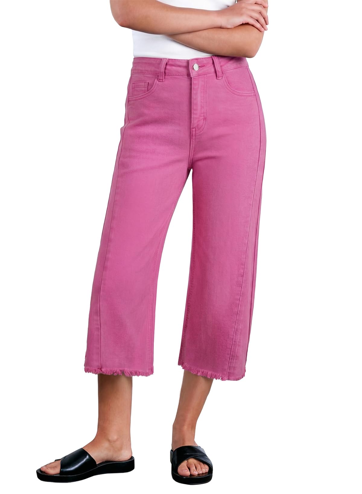 Sidefeel Women's Capri Jeans High Waisted Wide Leg Stretchy Raw Hem Side Seam Denim Pants