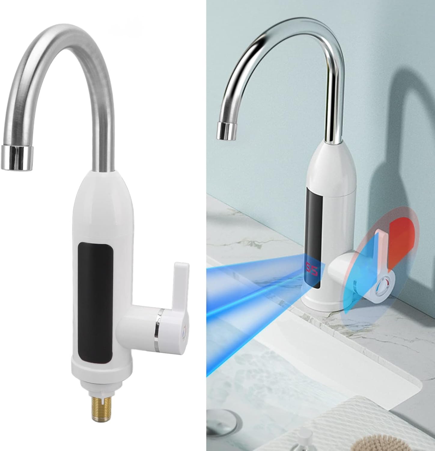 3000W Water Heater Faucet, Stainless Steel Kitchen Heating Tap with Digital Display, 360 Degree Rotatable, Fast Heating in 3-5 Seconds for Home Use, High Efficiency ABS Tankless