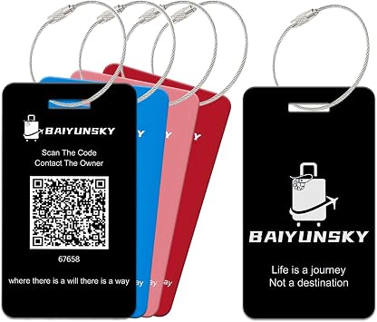 Smart Luggage Tags for Suitcases, 4 Pack QR Code Security Information Luggage Tag, Steel Ring, Waterproof Easy Identify Personalized Luggage Tags, No App or Subscription Needed 4 Colours