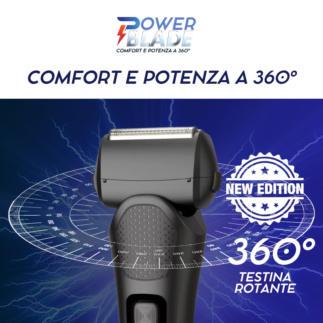 POWER BLADE | Rasoio Elettrico da Uomo Macchinetta per Barba Capelli e Corpo Rifinitore di Precisione con Testina Fluttuante Lame Affilate per Regolazione Basette e Display LED con Avviso Batteria