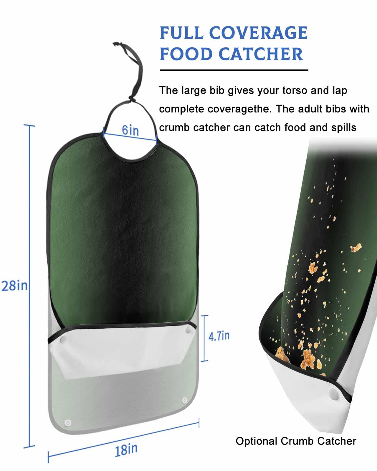 LEOKOTI Green Black Ombre Adult Bibs for Eating, Waterproof Bibs with Food Catcher & Adjustable Snap Closure, Modern Gradient Abstract Art Washable Clothing Protectors Adult Bibs for Elderly Women/Men