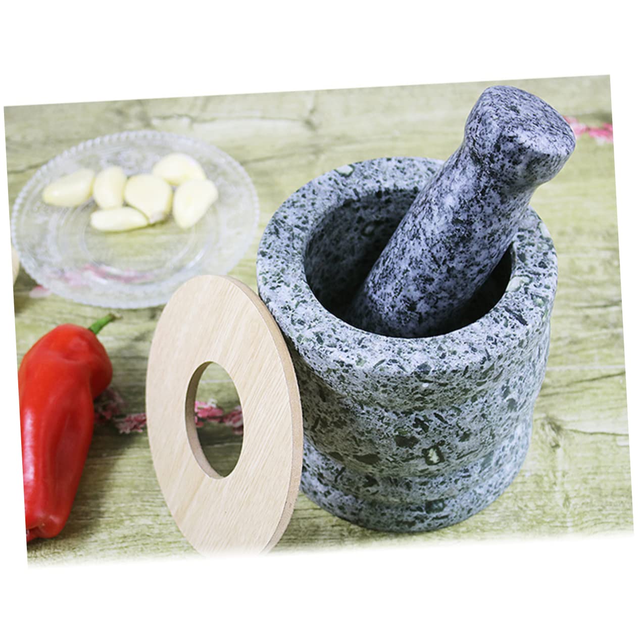 Mikinona Traditional Stone Garlic Pounder Pedestal Bowl with Pestle Garlic Pugging Pot Healthy Kitchen Tool