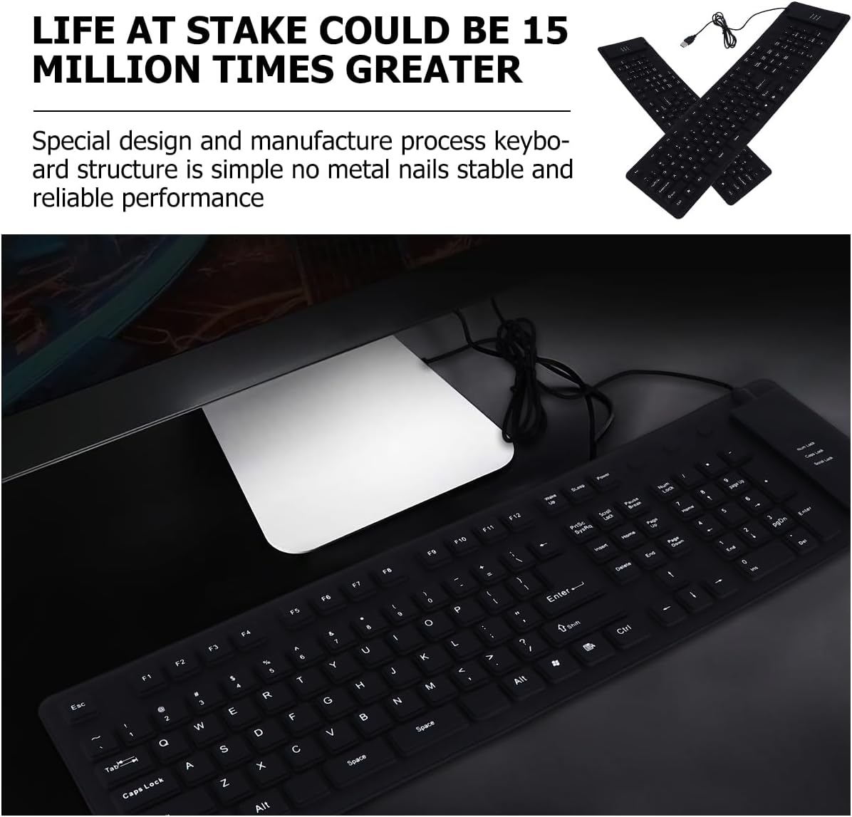 SOLUSTRE Ultra-Thin Wired Silicone Keyboard 109 Keys Foldable Rollable Portable Full Size Wired Silent Keyboard for Travel Office Use