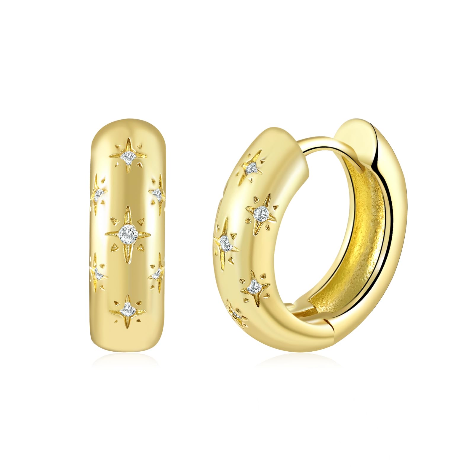 Gold Plated Chunky Huggie Hoop Earrings for Women, Star Designed CZ Small Thick Hoop Earrings