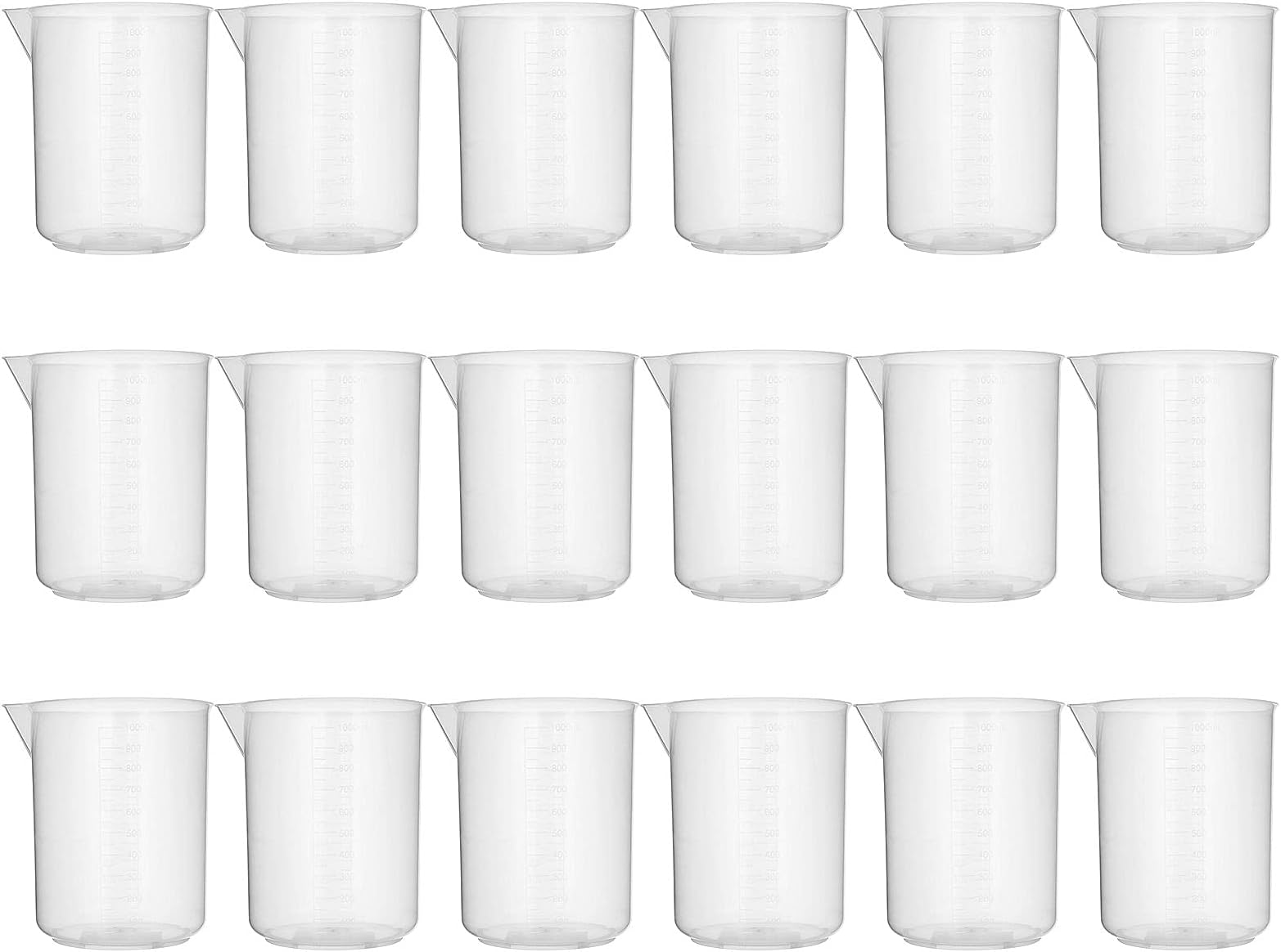 18 Pack Plastic Beakers, 1000 ml Graduations, Premium Polypropylene, Plastic Graduated Measuring Cups for Science Lab Equipment, Home Experiment, School Teaching Supplies Transparent