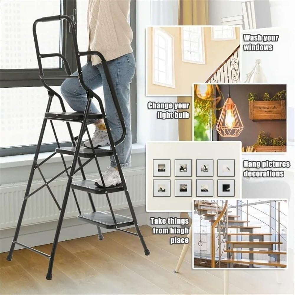 escabeau Échelle à Outils Pliable et Portable, Cadre en Acier, capacité de Charge maximale 500 LB, accoudoirs latéraux antidérapants, Grande Surface, pédales, Sac Amovible pour entrepôt(Blanc)