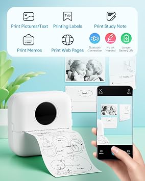 Mini Sticker Printer Notebook Buddy Portable Printer Small Thermal Printer Label Maker Photo Printer DIY Student Gift for iPhone Android Inkless Pocket Printer Colorful Paper with 5 Pens White