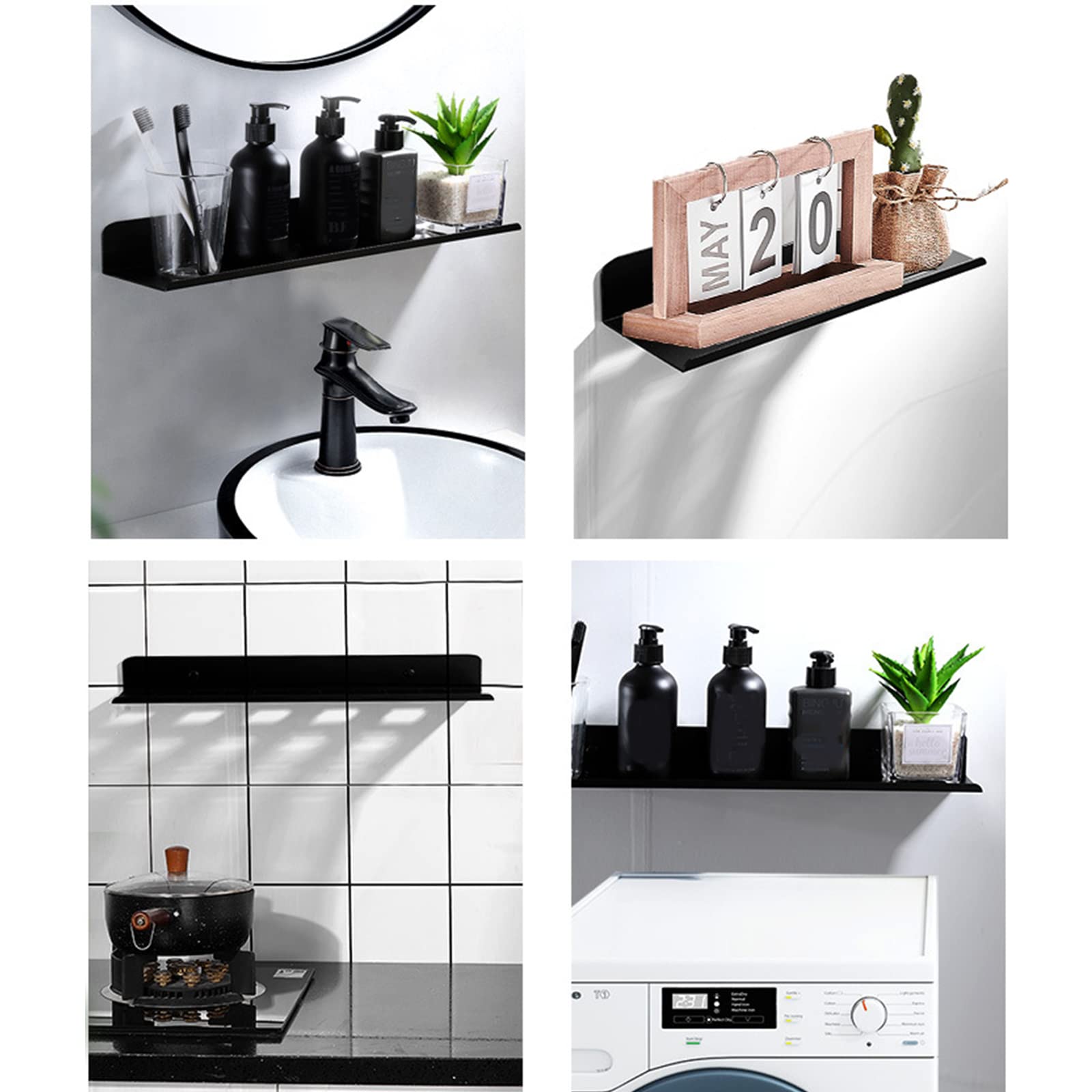 Mensola Da Parete In Alluminio 40 Cm - Nero - Con Bordino Di Sicurezza E Fori Di Drenaggio Per Bagno E Cucina - 5