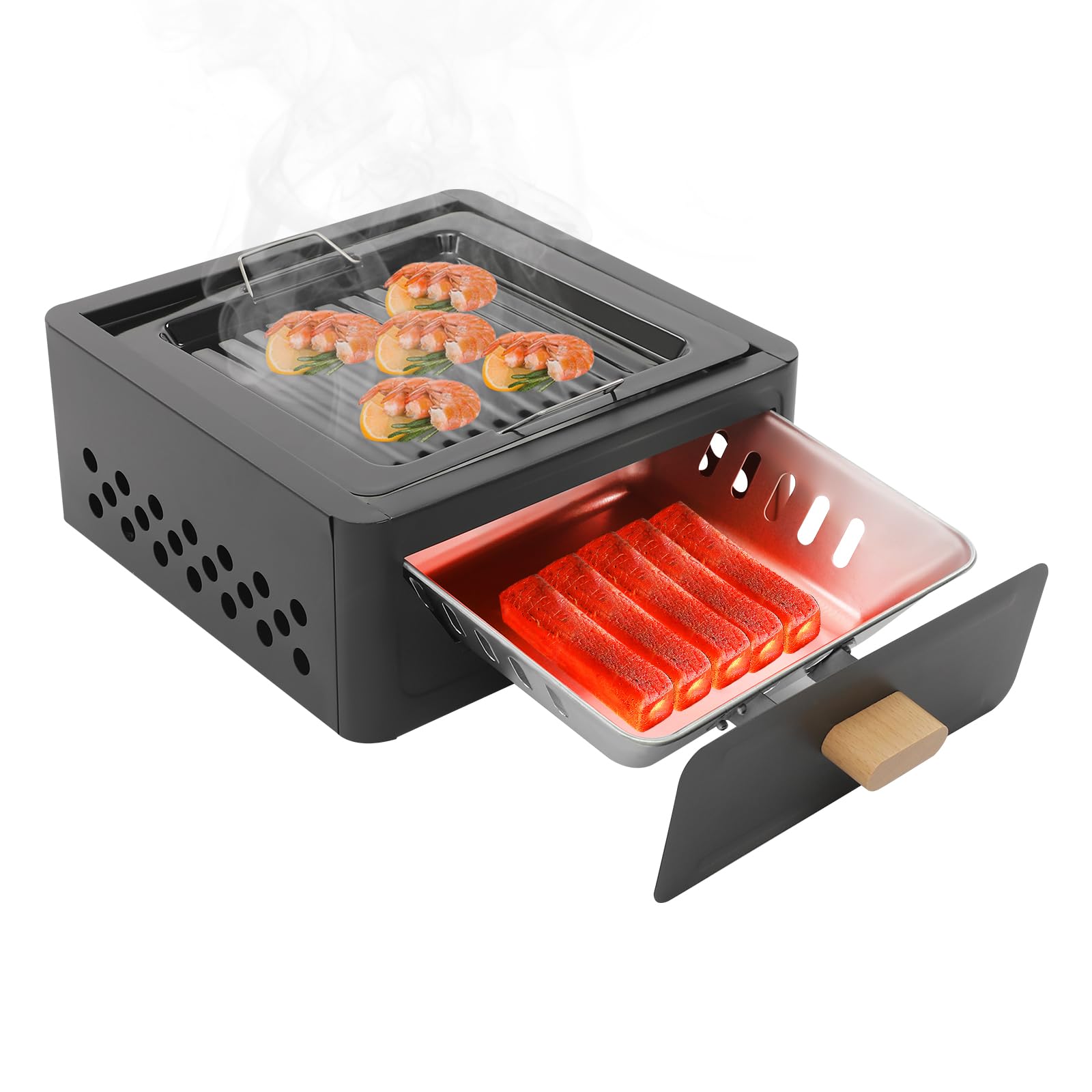 Portable Square Charcoal Grill - 12.2"x12.2" Tabletop BBQ For Camping, Picnics, Backyard - Includes Grill Net & Baking Tray (Black)