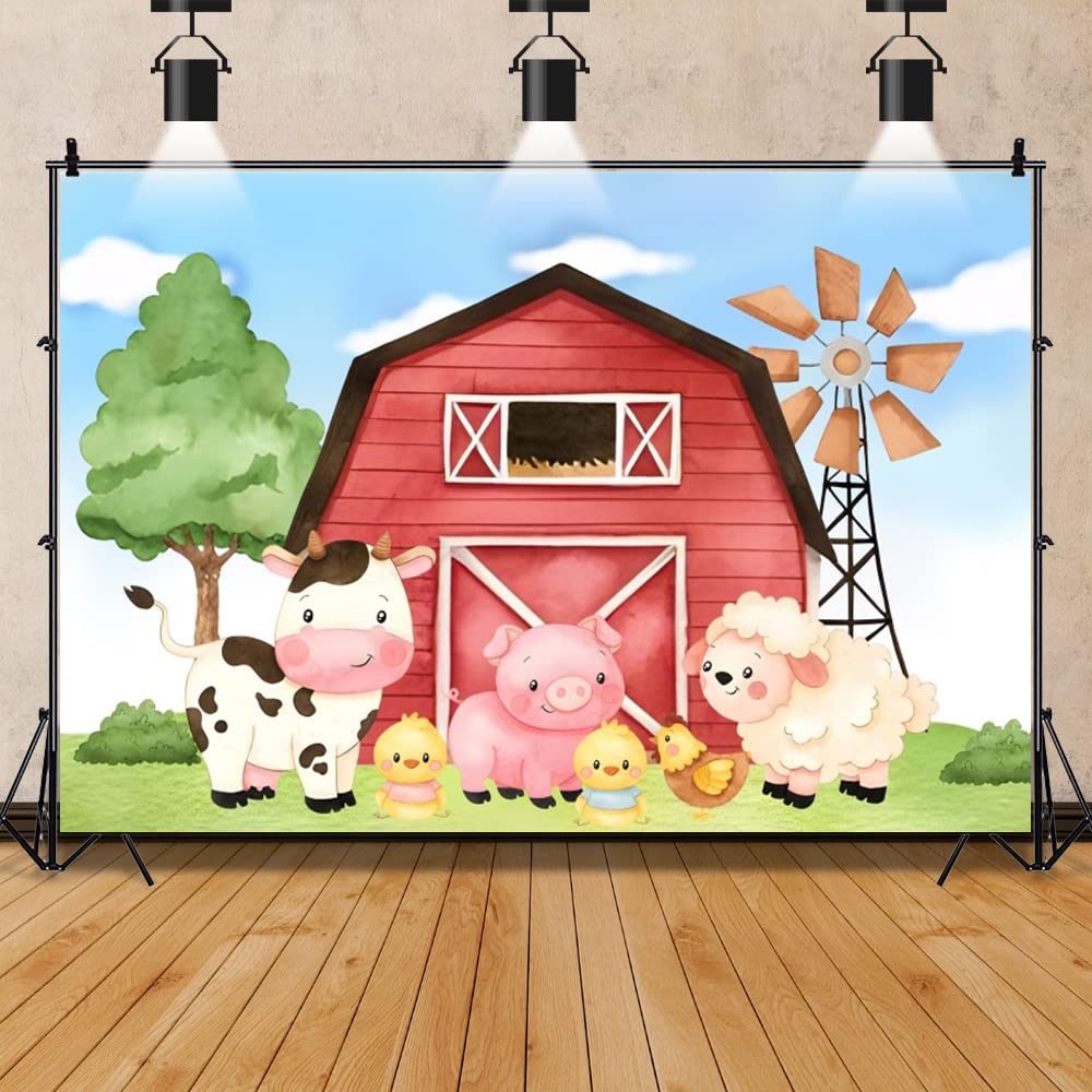 ZARROUEA Farm Animals Photography Backdrop Blue and Red Barn Background Banner Cartoon Farm Theme Boy Girl Baby Shower Birthday Newborn Baby Party