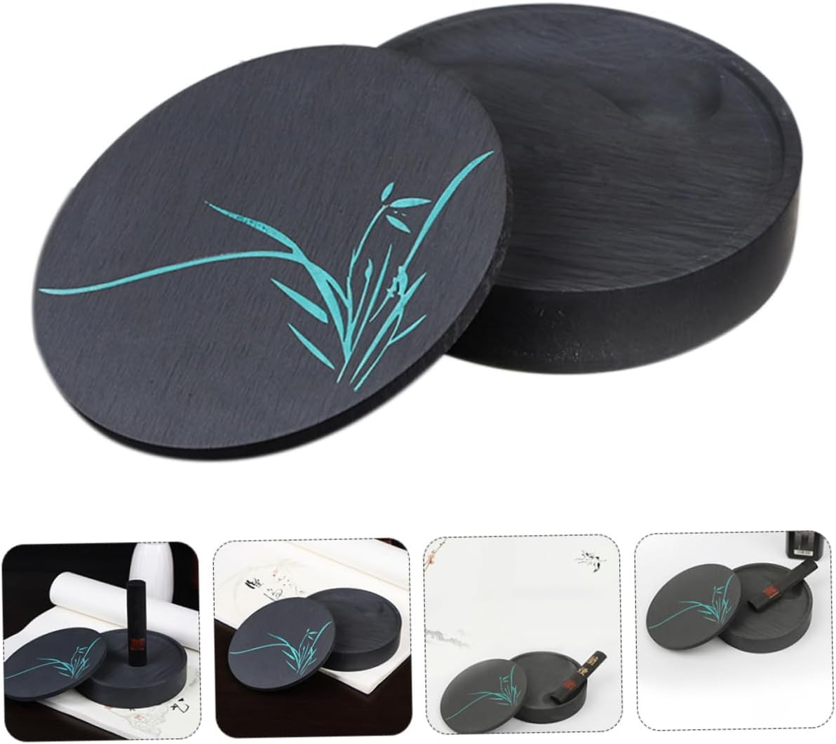 NUOBESTY Inkstone Calligraphy Chinese Sumi Drawing Inkstone Round Cover Ink Slab